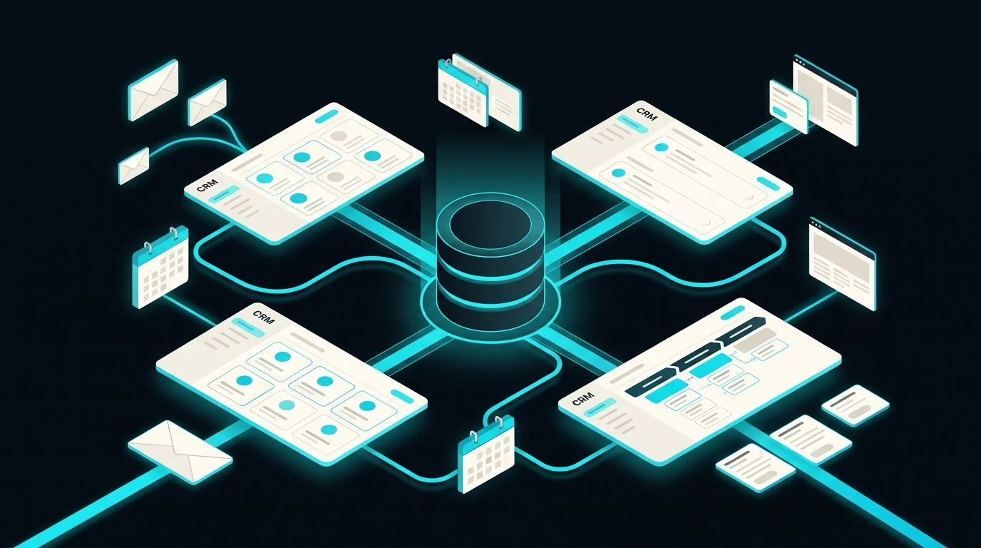 Isometrische Darstellung verschiedener CRM-Plattformen, die über Datenflüsse mit E-Mail, Kalender und Vertriebs-Pipeline verbunden sind