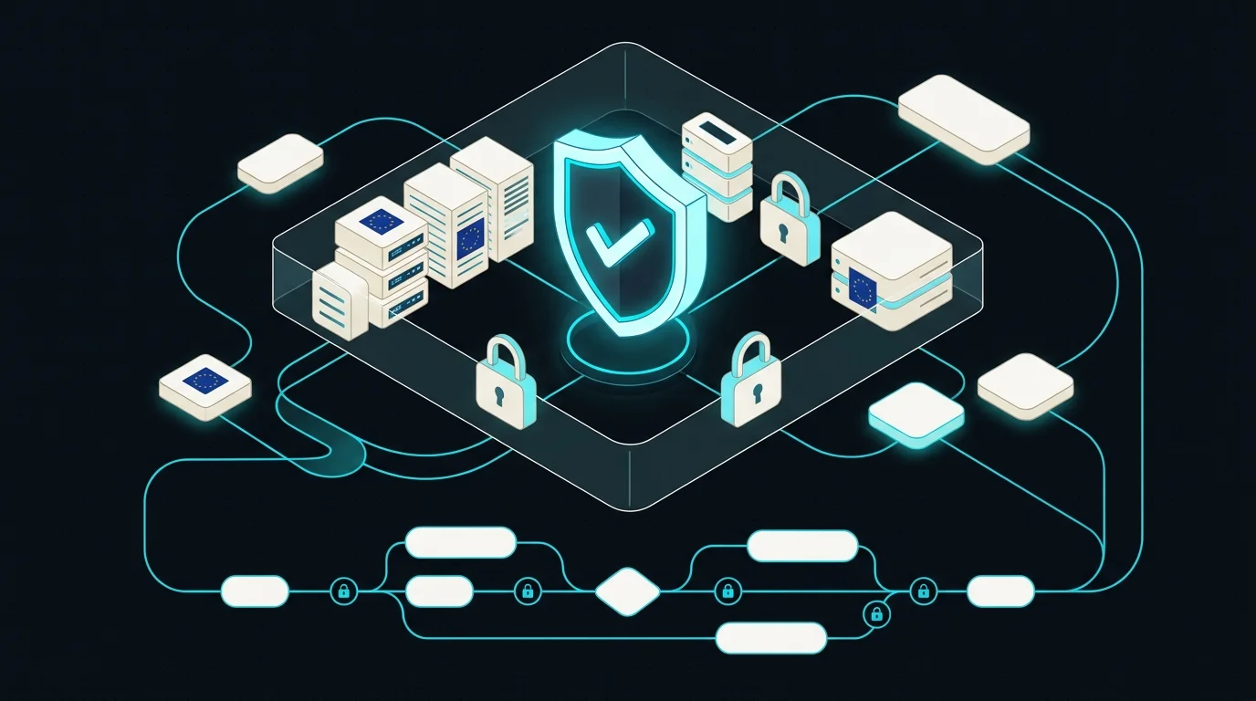 Isometrische Darstellung eines DSGVO-konformen Automatisierungs-Workflows mit Schloss-Symbol, europäischen Servern und verschlüsselten Datenströmen