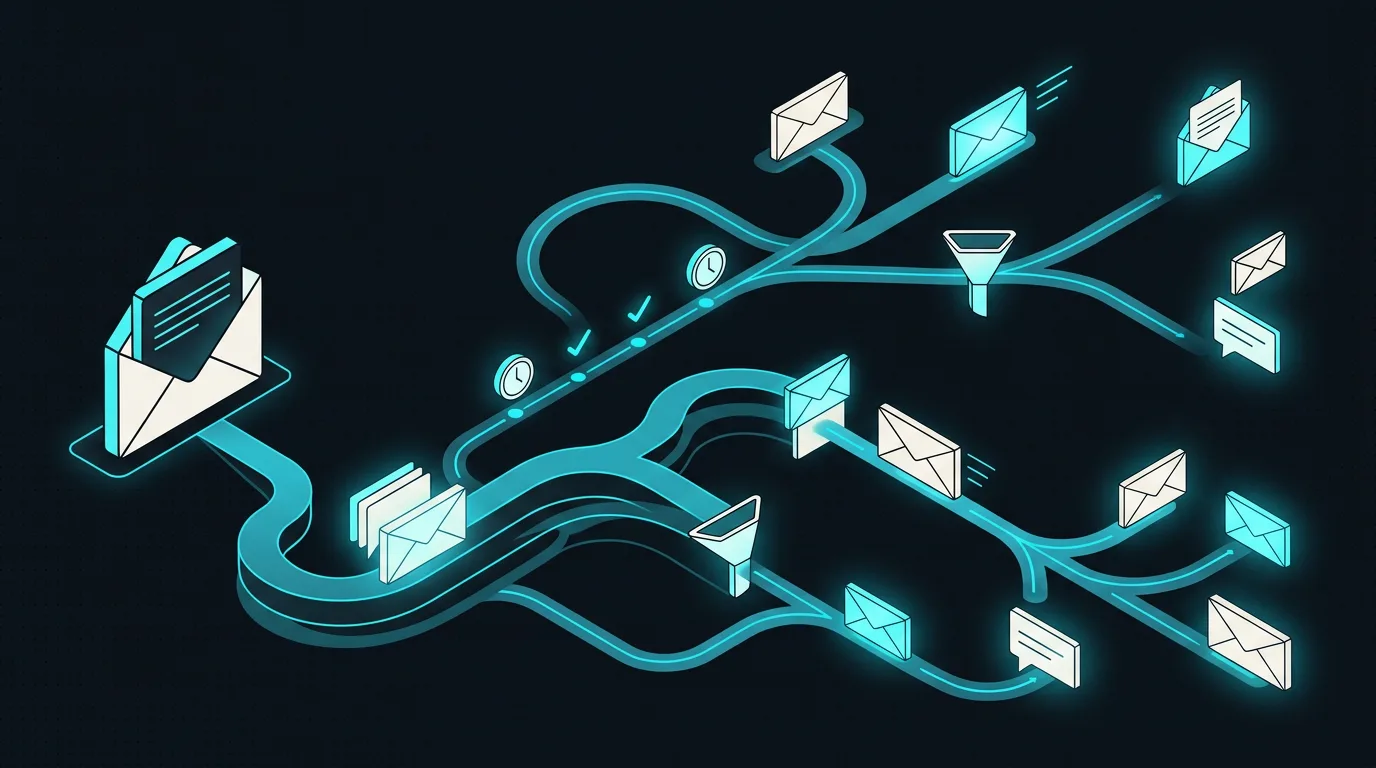 Isometrische Darstellung eines E-Mail-Automatisierungsflusses mit Filtern und Sequenzen