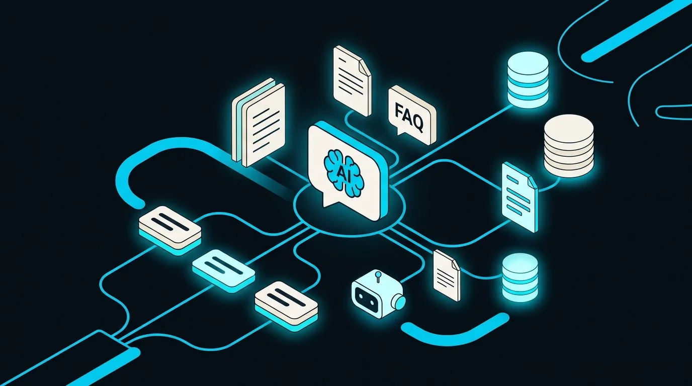 Isometrische Darstellung eines KI-Chatbots mit Wissensdatenbank, FAQ-Karten und Dokumenten