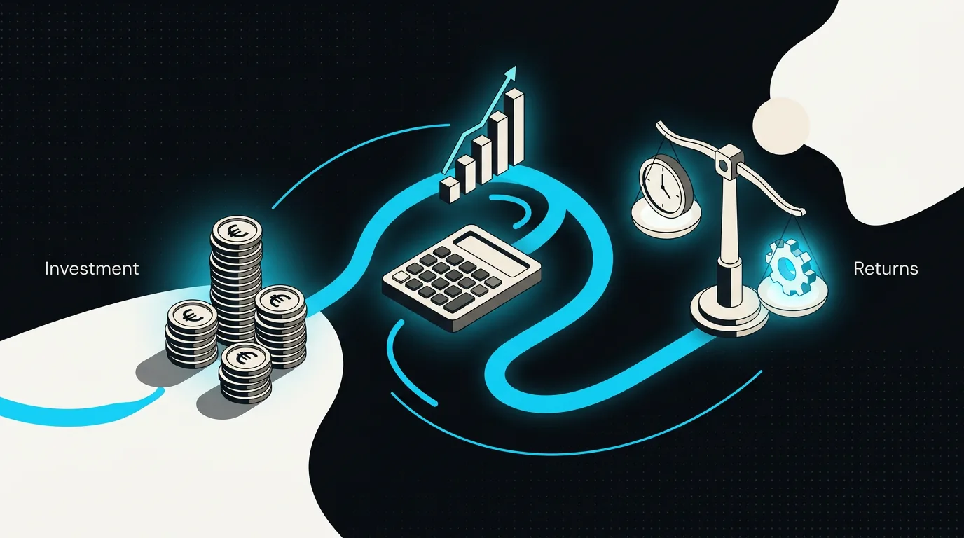 Isometrische Darstellung von Euro-Muenzstapeln, Taschenrechner und ROI-Balkendiagramm