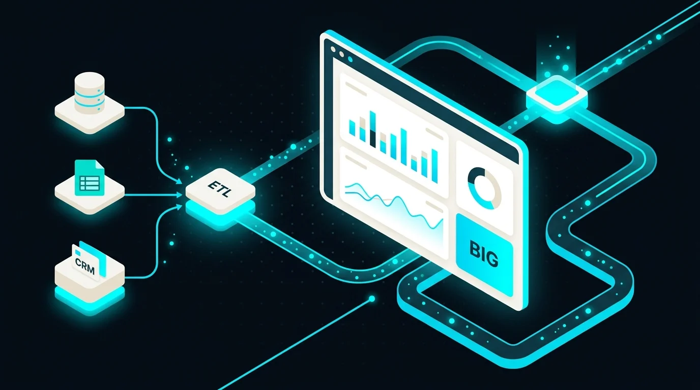 Isometrische Darstellung eines KPI-Dashboards mit Balken- und Liniendiagrammen, Datenströmen aus CRM, Buchhaltung und Analytics