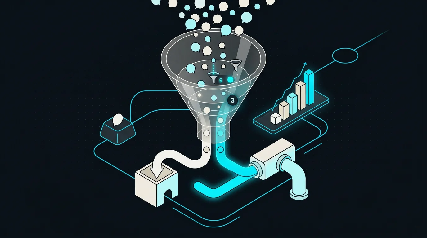 Isometrische Darstellung eines Lead-Scoring-Systems mit Bewertungspunkten, Filterstufen und Pipeline-Übergabe ans Vertriebsteam