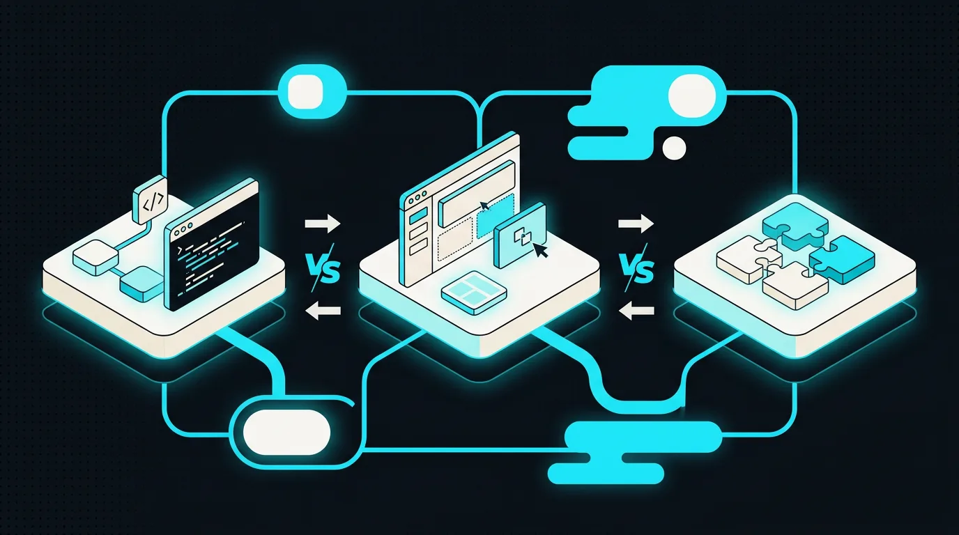 Drei isometrische Plattformen im Vergleich: Code-Editor, visueller Builder und Puzzle-Konnektoren