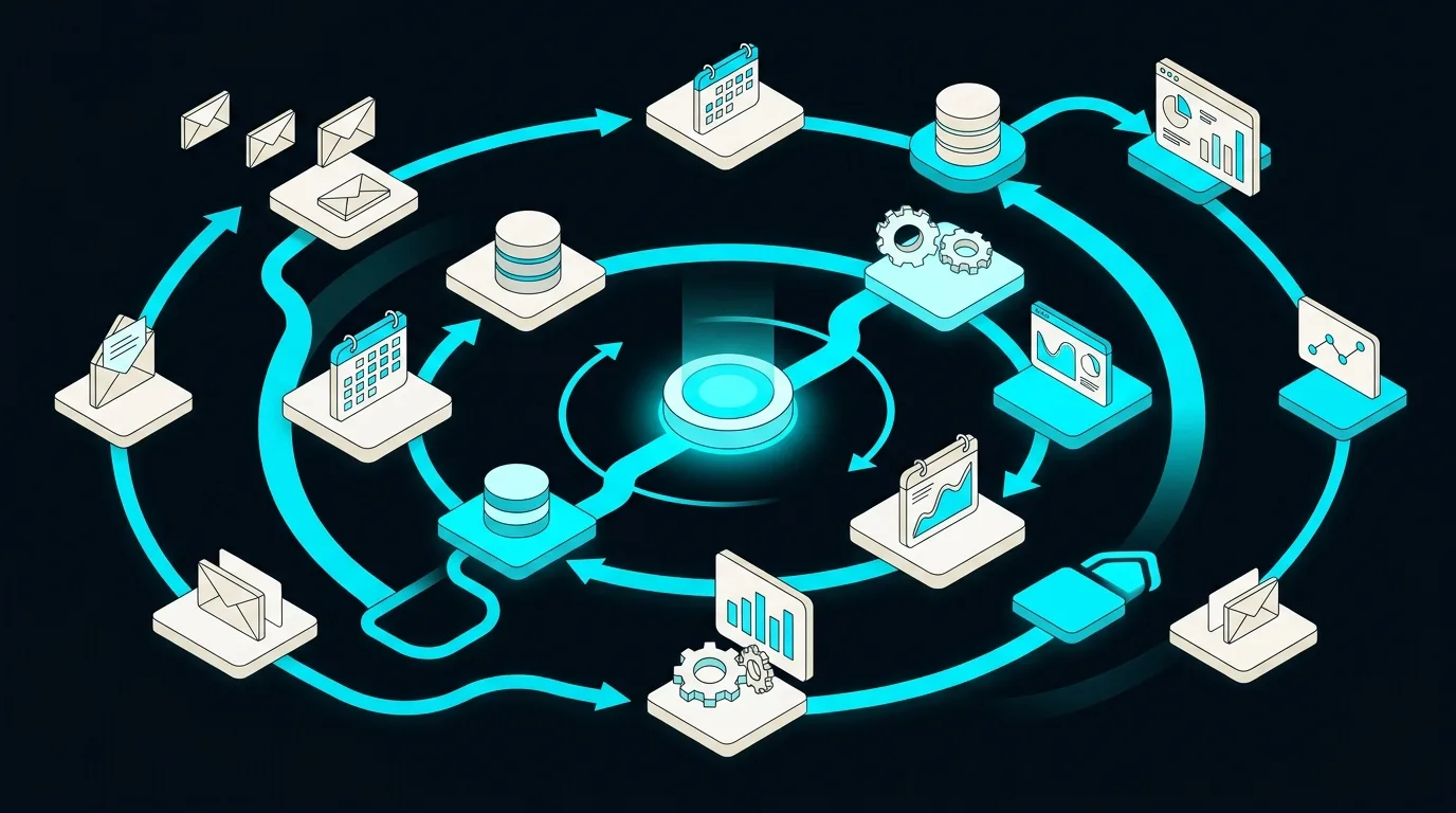 Isometrische Darstellung vernetzter Geschäftsprozesse mit Datenbanken, E-Mails und Dashboards